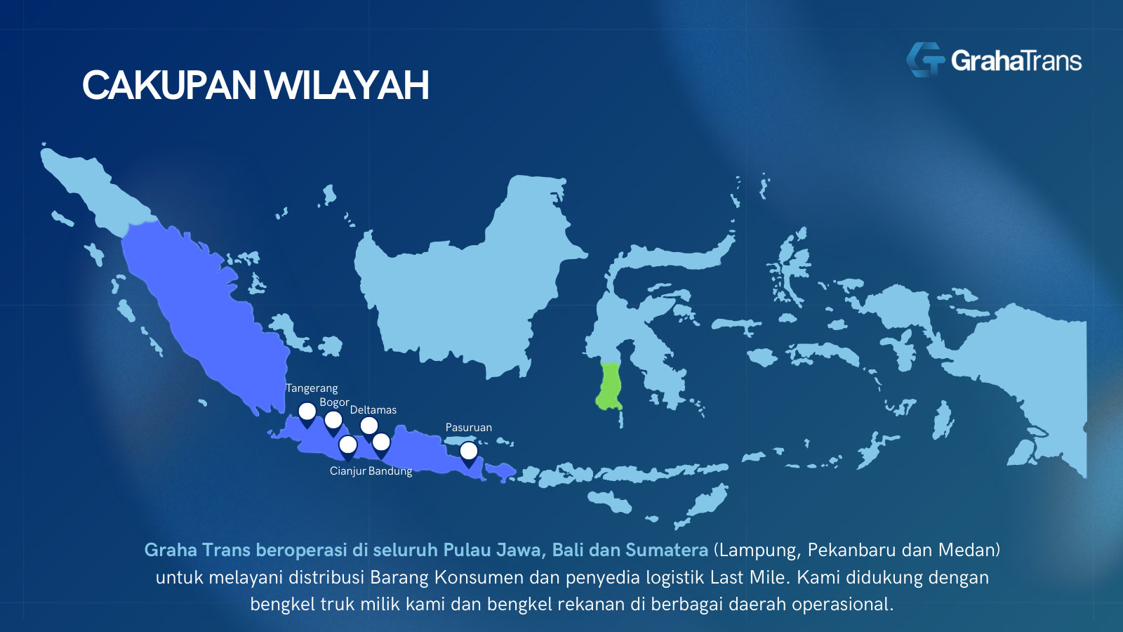 Where they operate: pools across Java plus Bali and Sumatra (Lampung, Pekanbaru, Medan), serving consumer-goods distribution and last-mile.