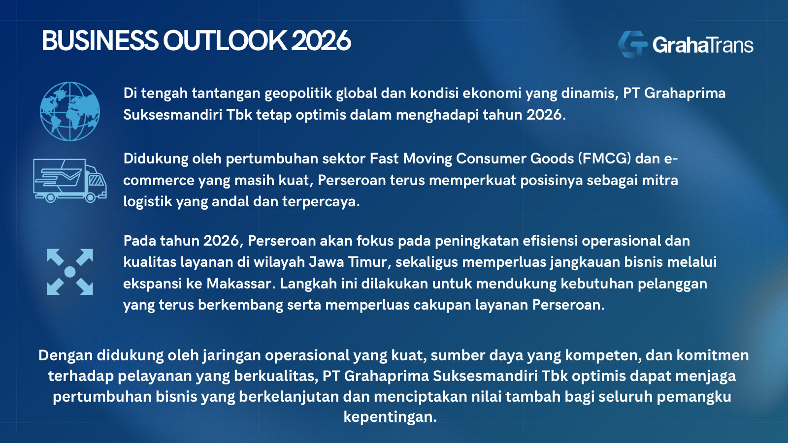 Business outlook 2026: leaning on FMCG and e-commerce demand, efficiency gains in East Java, and expansion to Makassar.